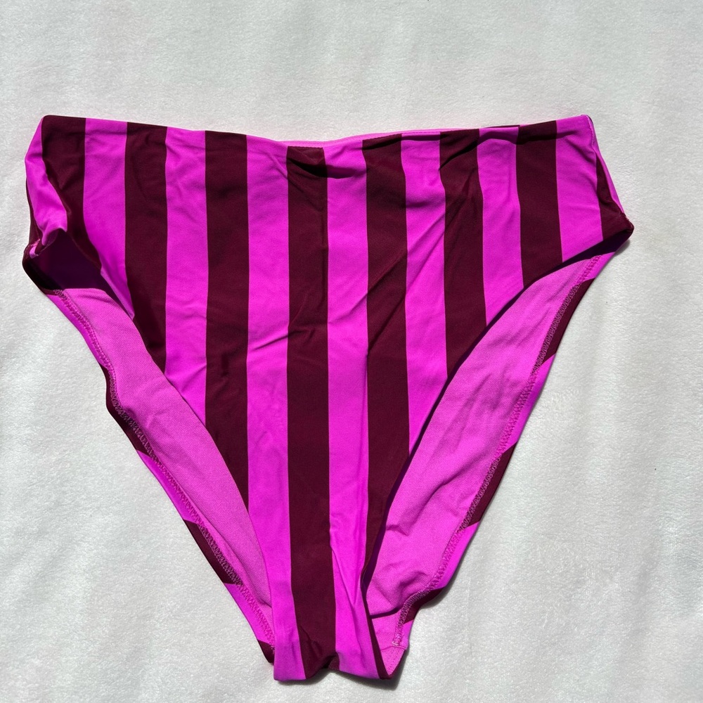 Shade & Shore High-Waist Bikini Bottom in Hot Pink and Burgundy Stripes